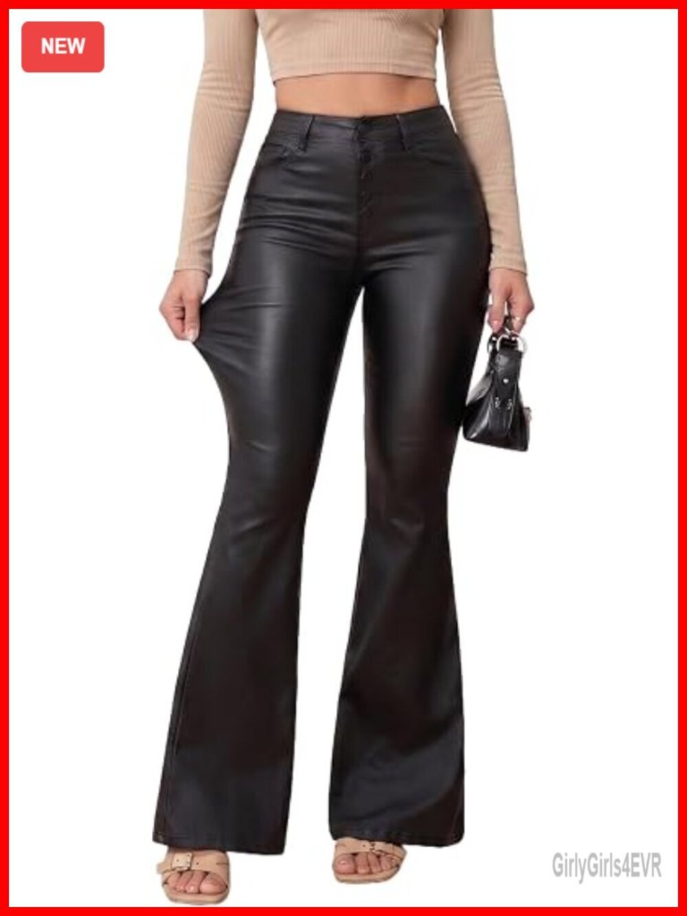 Faux Leather PU Mid Waist Skinny Flare Pants Leggings